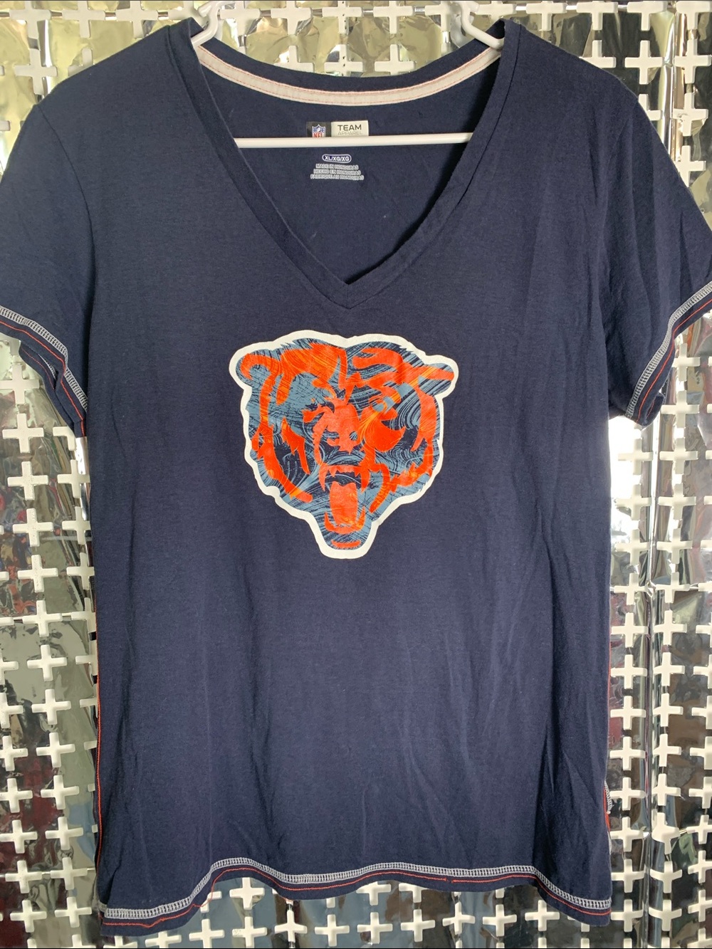 NFL Team Apparel Women's Navy V-Neck Tee with White and Orange Trim